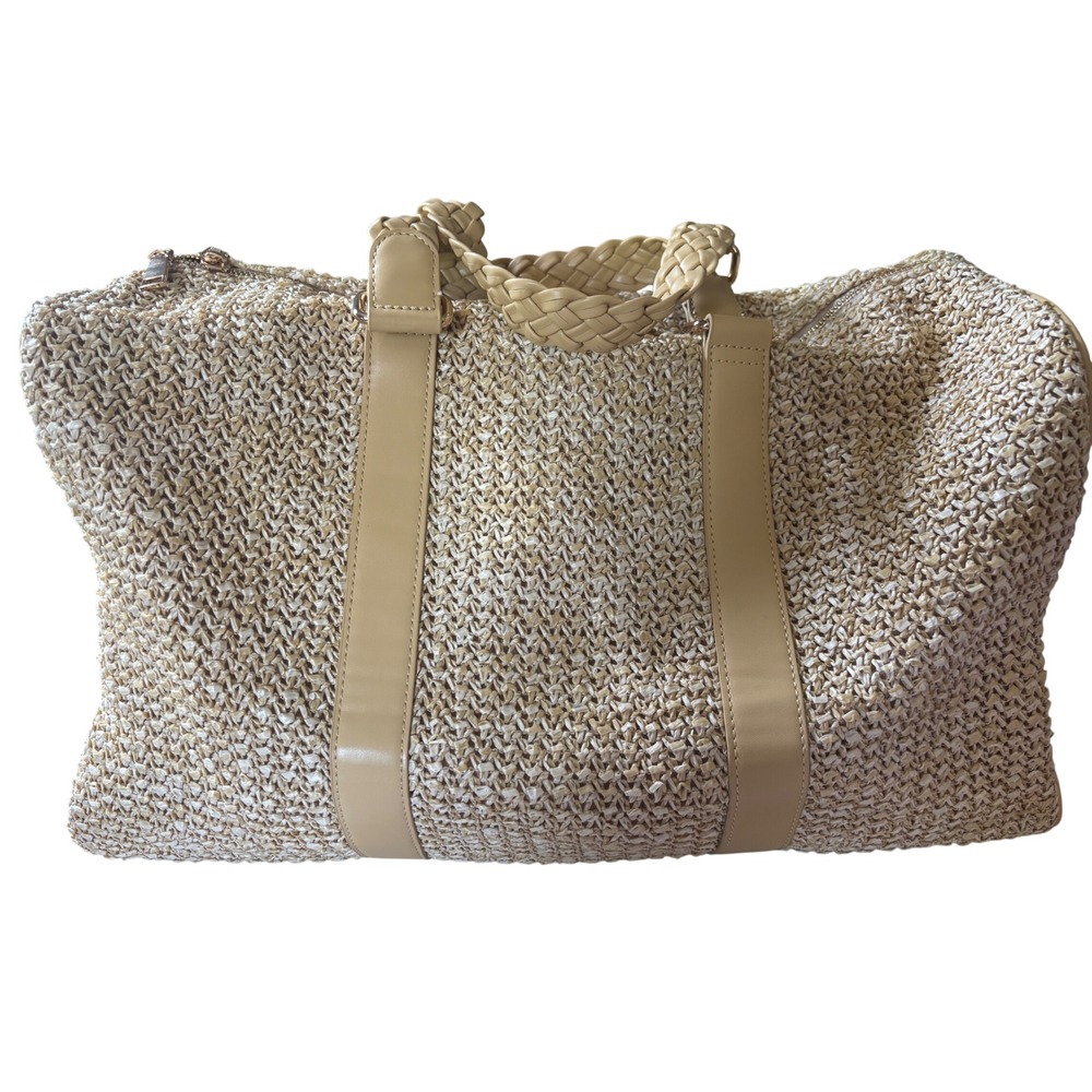 Urban Expressions Straw Weekender‎ Bag Tan Woven Vegan Leather Travel Duffel Bag